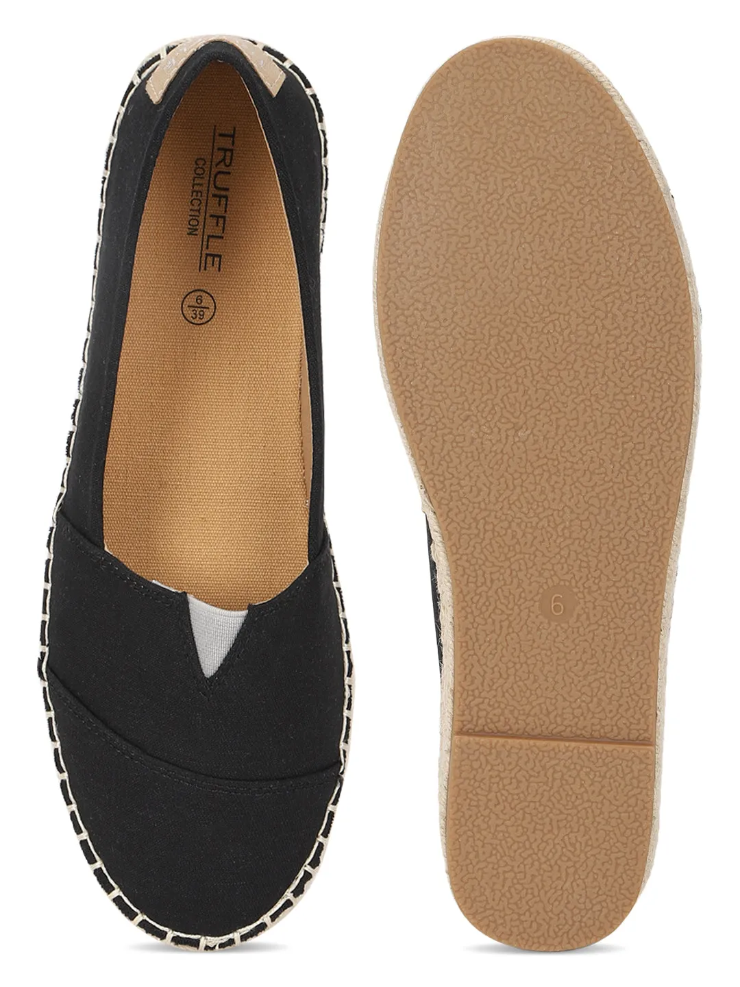 Black Canvas Espadrille With Contrast Jute Sole Loafers (TC-RS3660-BLK)