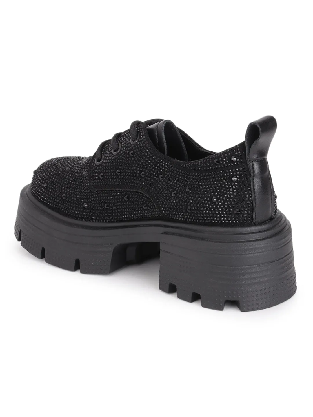 Black Diamante Embellished Lace-Up Sneakers (TC-RS3640-BLK)