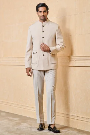 Cream Crepe Bandhgala With Patch Pockets Detailing