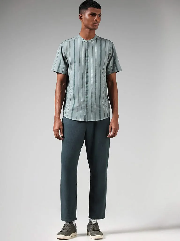 ETA Light Teal Self Striped Cotton Resort-Fit Shirt