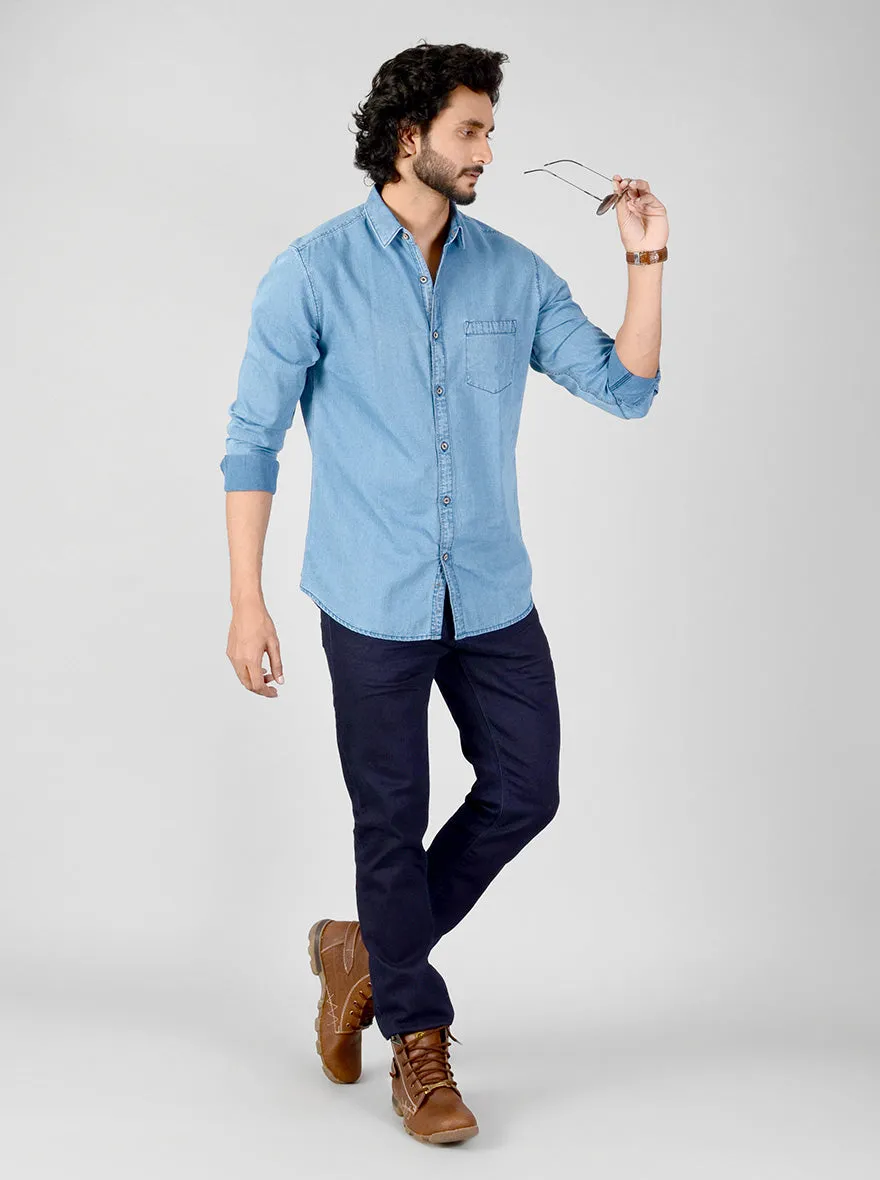 Faded Denim Blue Solid Slim Fit Casual Shirt | JadeBlue