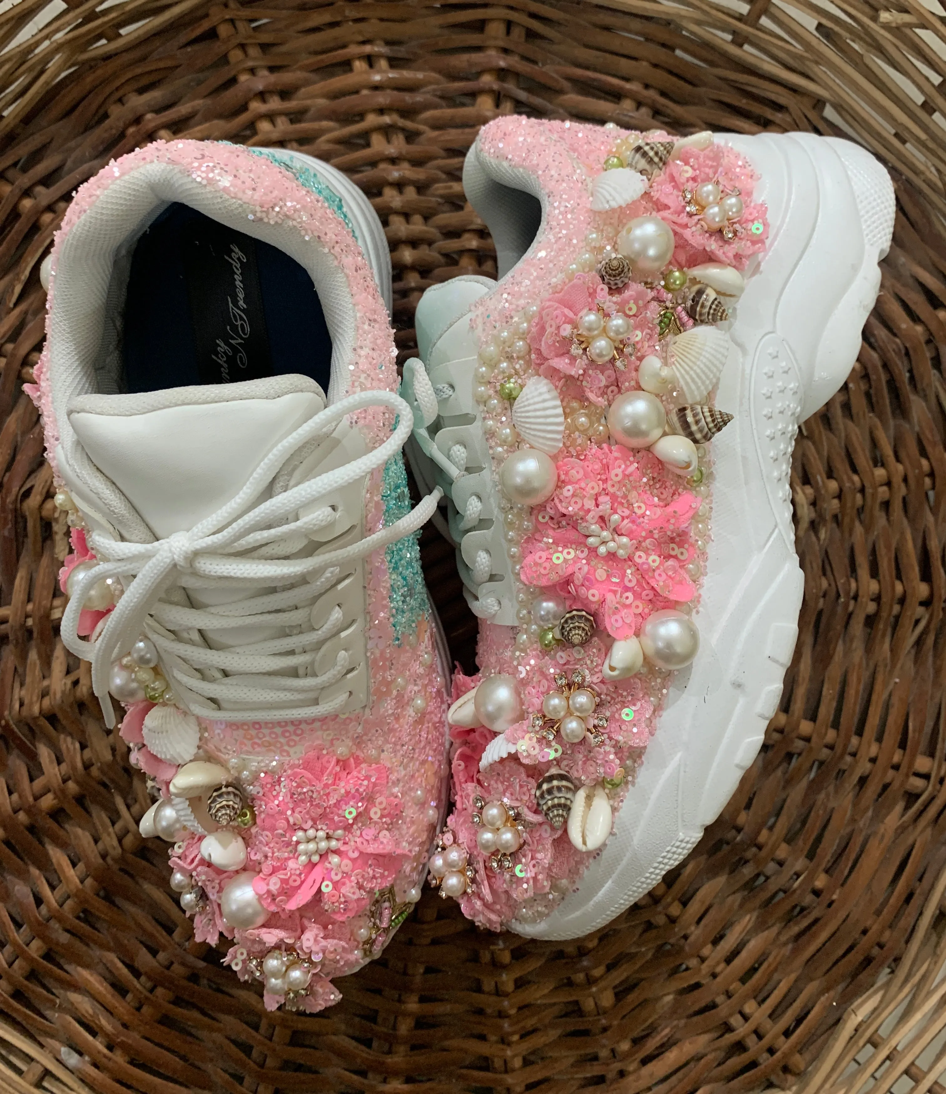 FUNKY N TRENDY pink floral theme sneakers with shells pearls detailing for brides / bridesmaids