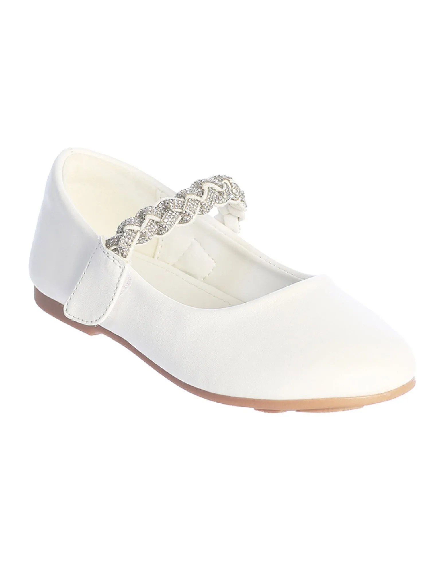 Girls White Braided Rhinestone Strap Matte Dress Shoes, Big Girl Sizes, 1-8