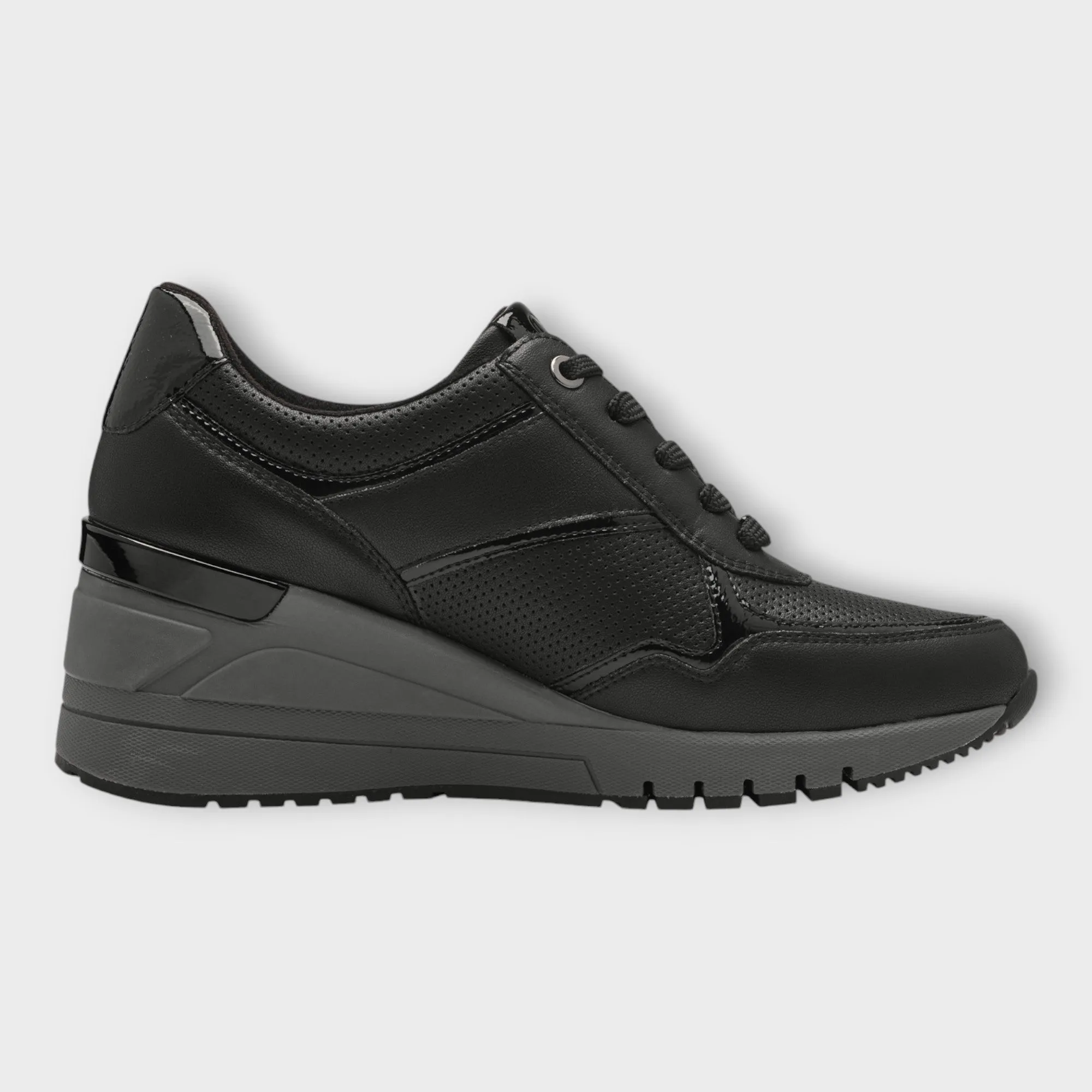 Marco Tozzi All Black Trainer-Style Shoes with Wedge Sole and Side Zip