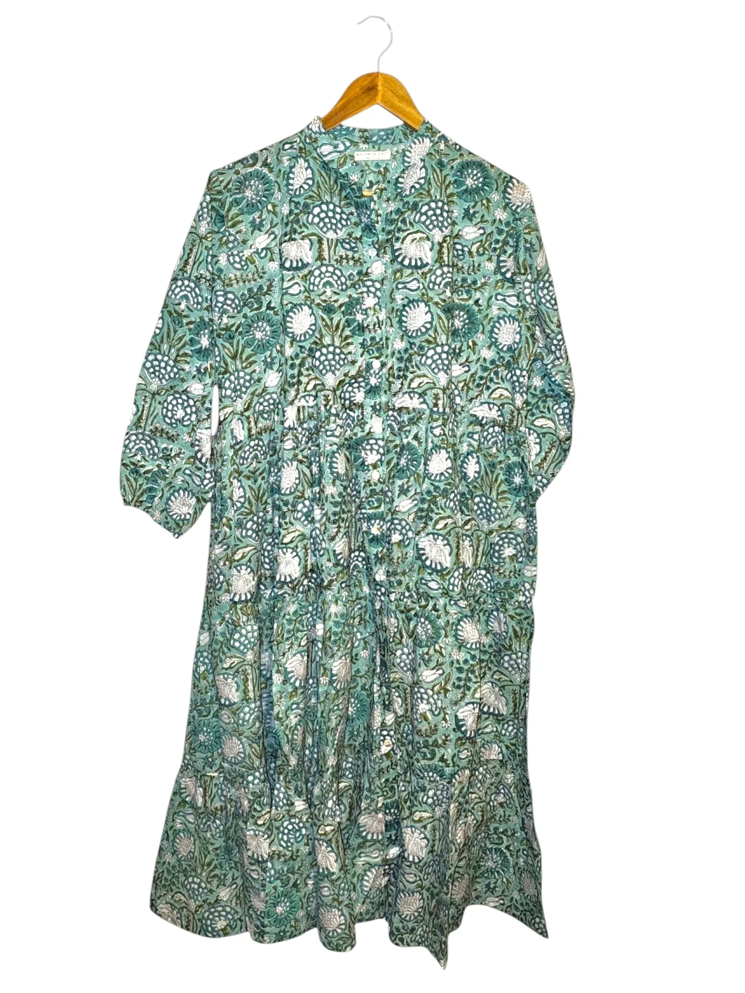 Melange - Indian Block Print Front Button Tiered Midi Dress - Mint/White Floral