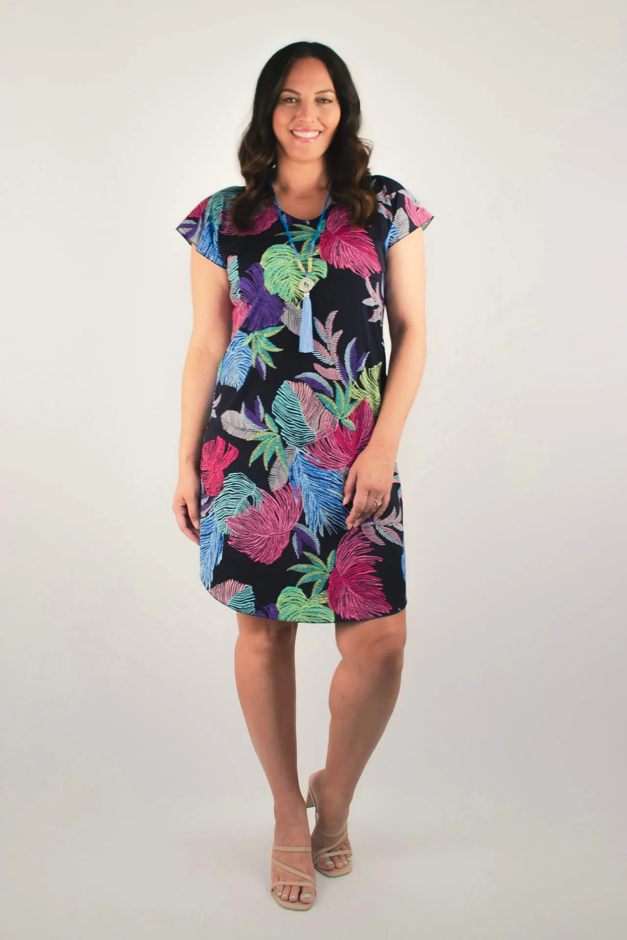 Pine Print Short Sleeve Jersey Shift Dress