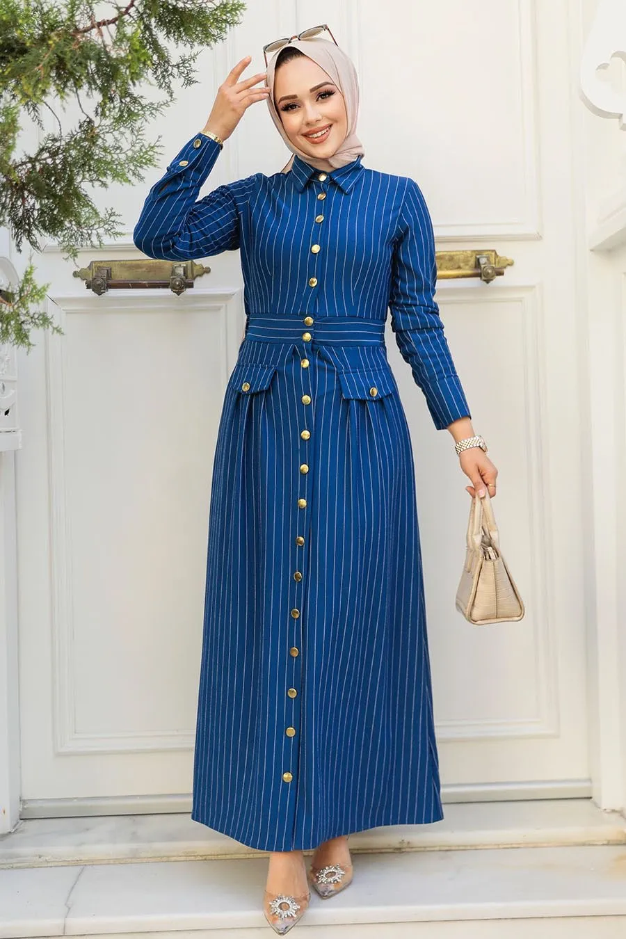 Pinstripe Button Down Maxi Dress-Clearance