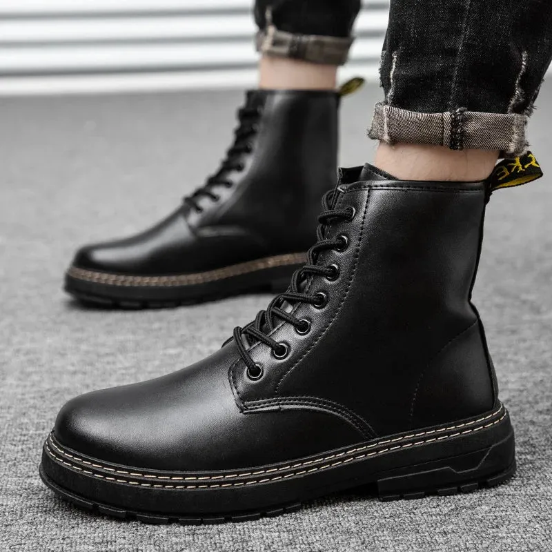 Sohiwoo Men's Martin Boots Thick Soled Boots High Top Shoes Casual Leather Shoes Retro Minimalist Design Fashionable and Versatile