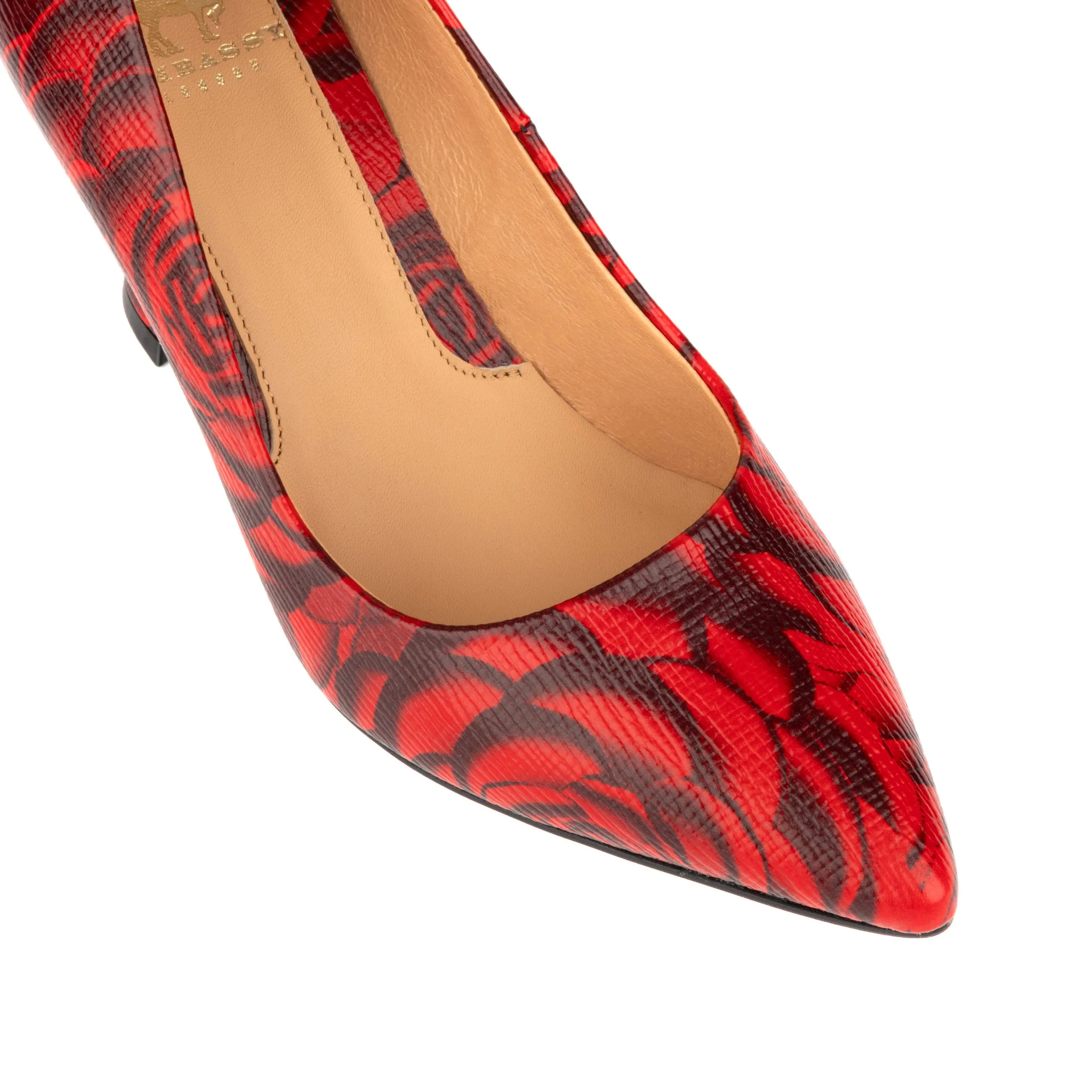 Sophia Hollywood - Red - Women's pointed 3 inch heel pump in red rose print leather