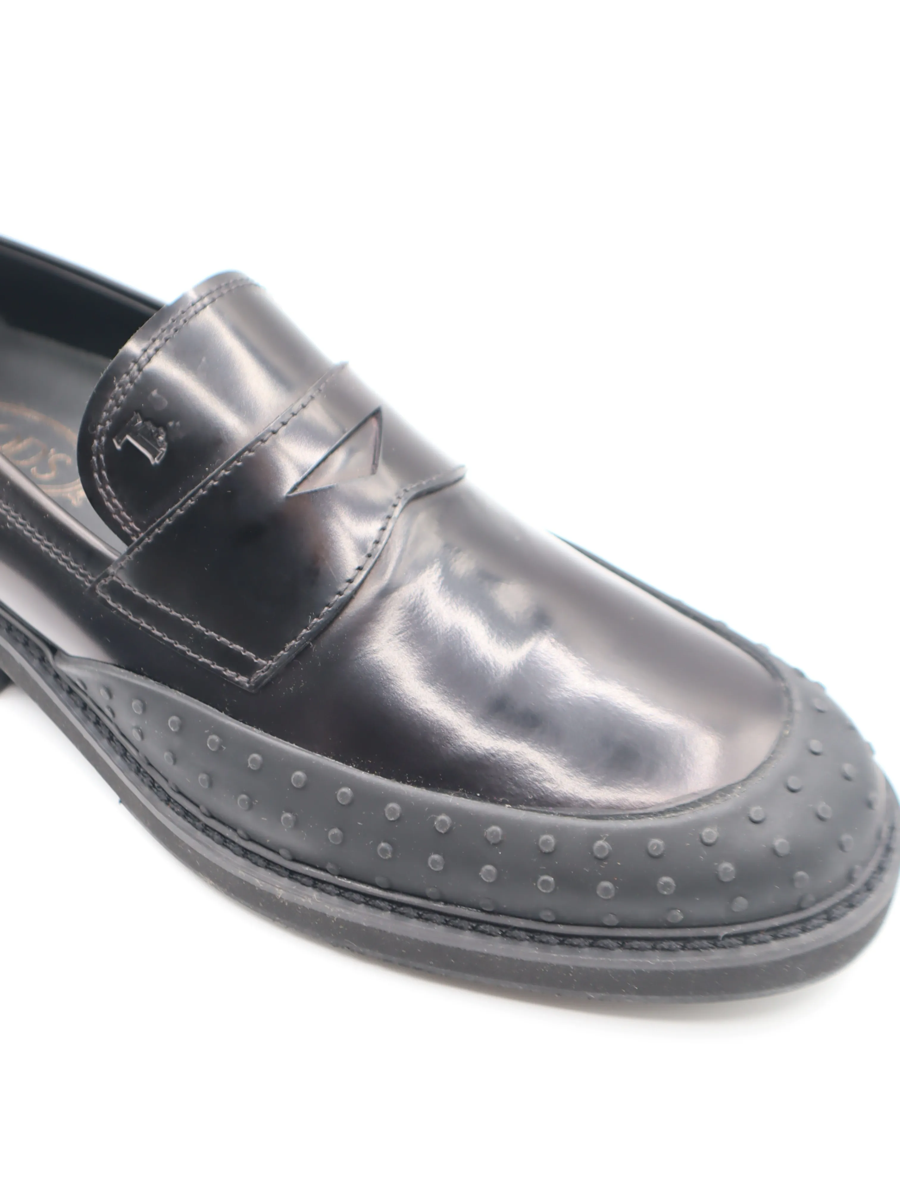 Tods Mens Black Leather Penny Loafer Shoe Rubber Edged Mocassino Shoe