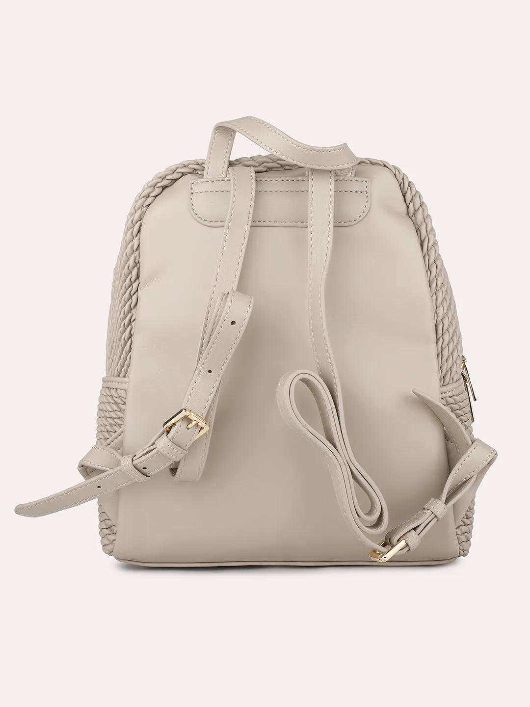 Women Beige Textured Mini Backpack With Quilted Detailing