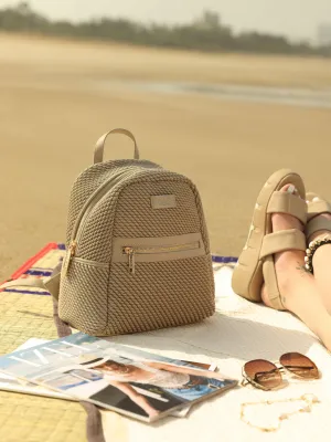 Women Beige Textured Mini Backpack With Quilted Detailing