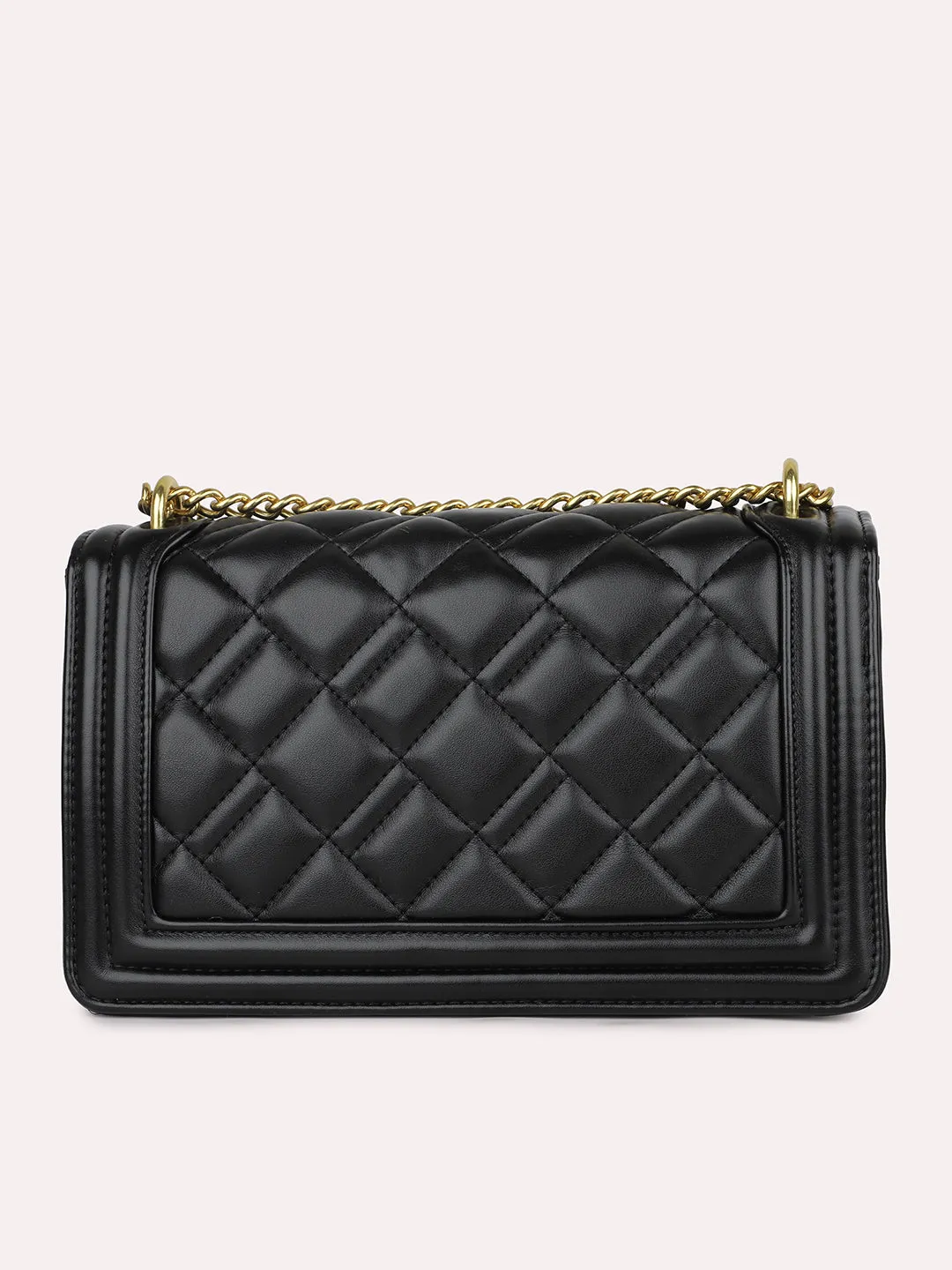 Women Black Structured Chain Sling Bag with Quilted Detailing